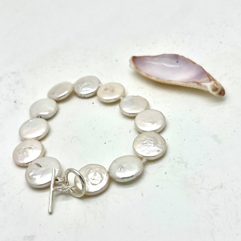 Real pearl bracelet made from flat coin beads image 1