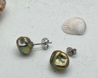 Keshi-Ohrringe Perlenohrringe echte Keshi-Perlen, khaki grün-braun
