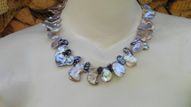 Exclusive necklace of large natural Keshi pearls up to 30 mm, summer party, shiny metallic image 5