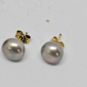 Pearl stud earrings 6 mm gray real freshwater pearls slightly flattened image 3