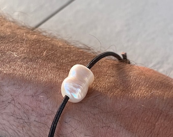 Leather bracelet real pearl, men's jewelry adjustable, friendship band, boho style