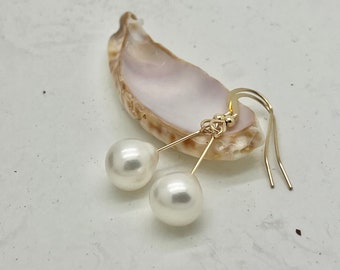 Pearl drop earrings, white freshwater pearls, 8 mm, fine hook, gold-filled wire, velvety smooth, flawless skin