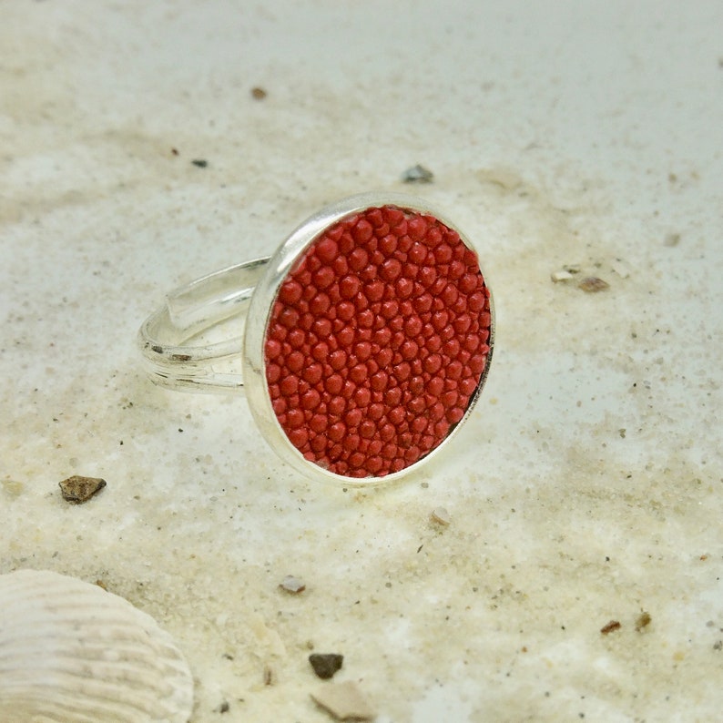 Earrings, bangle, ring jewelry made of fish leather shiny red stingray leather image 7