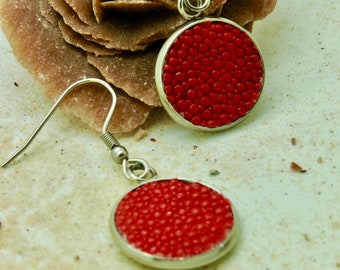 Shiny earrings 15 mm with leather of pearl rays in red, turquoise-blue or black