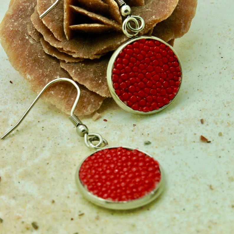 Earrings, bangle, ring jewelry made of fish leather shiny red stingray leather image 2