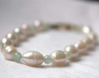 Jade pearl bracelet white freshwater pearls oval gift for her  mint green ivory gold 14 K