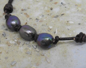 Leather bracelet with black beads, Boho Chic