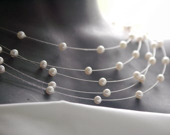 Bridal necklace floating beads, five rows, silver lock