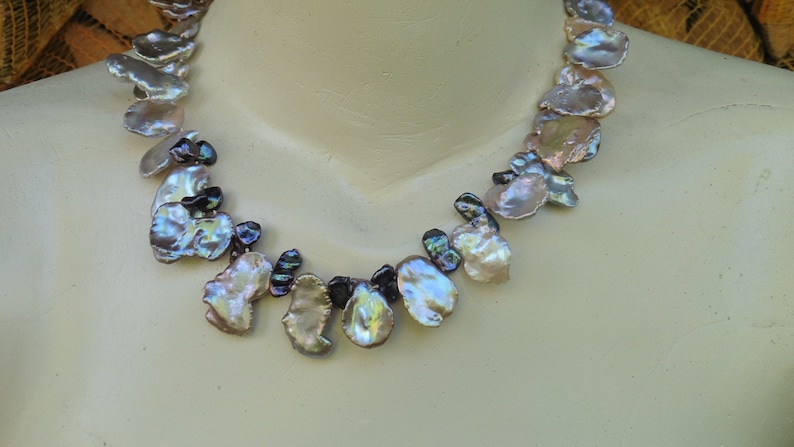 Exclusive necklace of large natural Keshi pearls up to 30 mm, summer party, shiny metallic image 1