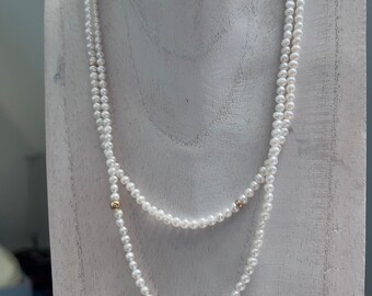 Mother’s Day gift: delicate long mini pearl necklace with gold balls