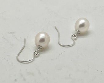 Boucles d'oreilles élégantes en perles rondes de 9 à 9,2 mm, véritables perles d'eau douce blanches, bijoux de mariée avec argent