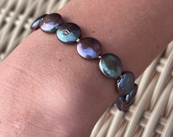 Pearl bracelet made of grey coin pearls, real freshwater pearls, gift for women