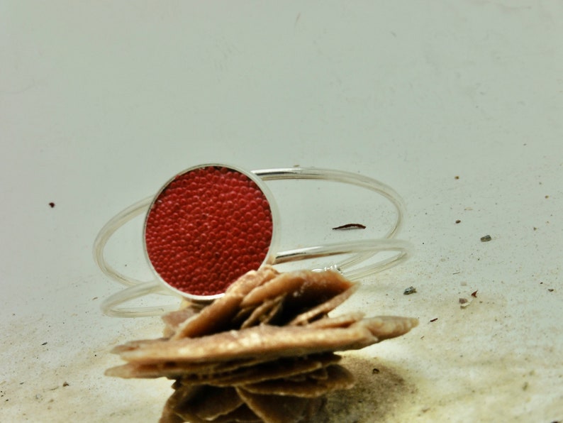 Earrings, bangle, ring jewelry made of fish leather shiny red stingray leather image 6