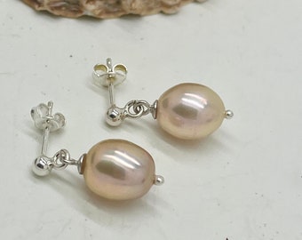 Pink pearl earrings with silver ball - freshwater pearls