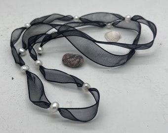 Pearl ribbon black chiffon real freshwater pearls