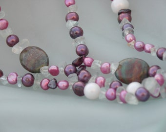 Long real pearl necklace in bright colors, necklace mix in folklore boho style, summer colors