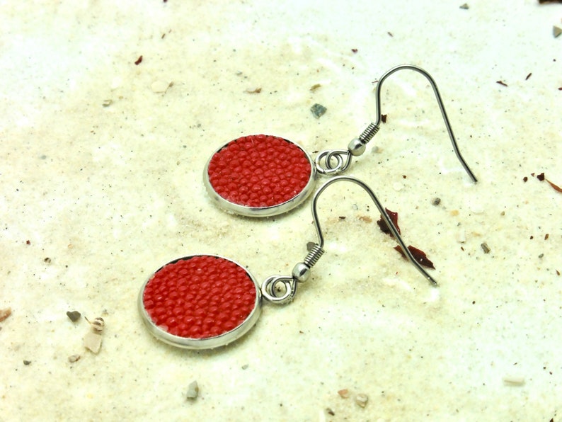 Earrings, bangle, ring jewelry made of fish leather shiny red stingray leather image 8