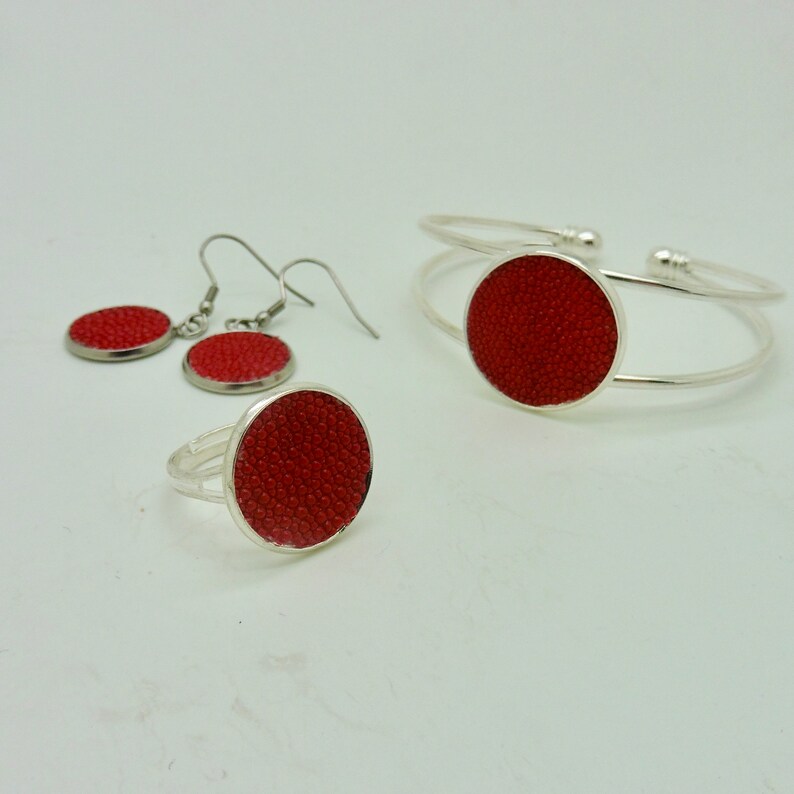 Earrings, bangle, ring jewelry made of fish leather shiny red stingray leather image 1