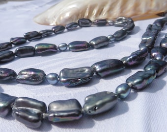 Long pearl necklace Sautoir genuine Keshi pearls black gray