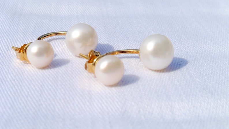 Double pearl earrings two pearls two-in-one 6 8.9 mm 925 vergoldet