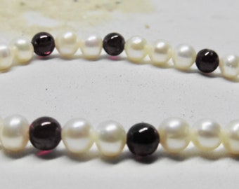 Elastic bracelet endless with real freshwater pearls and garnet, birthday wife, gift girlfriend