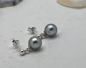 Dainty pearl stud earrings light gray with dangling balls 6 mm, freshwater pearls, sterling silver