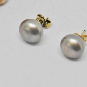 Pearl stud earrings 6 mm gray real freshwater pearls slightly flattened image 2