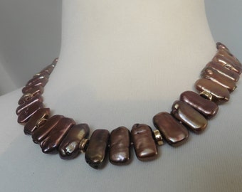 Brown pearl necklace made of real large freshwater pearls, rare pearl shape, silky shine