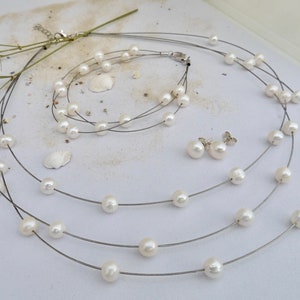 Delicate pearls for the wedding - earrings, wire necklace and bracelet with 925 silver, three-piece set of genuine freshwater pearl bridal jewelry