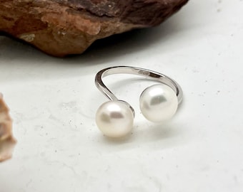 Silver ring with 2 pearls, adjustable size, white freshwater pearls