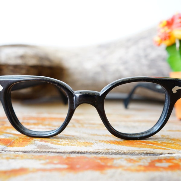 Vintage Eyeglass 1950s Frame/ Made In Italy/ Thick Glasses Large Size 46-24/ Ebony with Art Deco Details