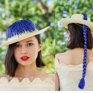 Vintage Straw Boater Pigtail Hat with Hat Box, Novelty Hat, 1950s-60s Hat, Vintage Hat, Vintage Millinery, Vintage Hat Women, Tea Party Hat image 1