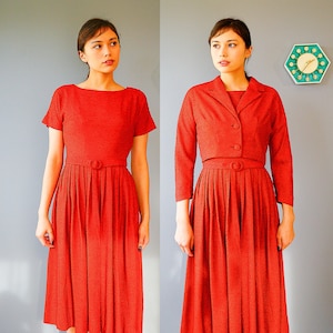 Vintage 1950s Dress with Jacket Size S/ Two Piece Dress/  1950s Dress/ Vintage Dress/ Retro Clothing/ Mrs Maisel Dress/ Vintage Suit Dress
