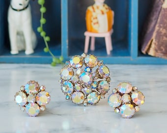 Vintage Weiss AB Rhinestones Jewelry Set/ 1950s Jewelry/ Vintage Brooch/ Vintage Earrings/ Costume Jewelry/ Demi Parure/ Weiss Jewelry
