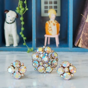 Vintage Weiss AB Rhinestones Jewelry Set/ 1950s Jewelry/ Vintage Brooch/ Vintage Earrings/ Costume Jewelry/ Demi Parure/ Weiss Jewelry