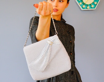 Bolso vintage de malla blanca con lazo, años 80, para cóctel de noche