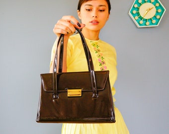 Vintage Brown Patent Leather Top Handle Bag by Viki/ 1950s-60s Purse/ Vintage Handbag/ Envelope Bag/ Vintage Bag Women/ Vintage Pocketbook