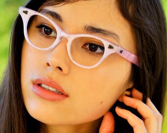 Vintage Eyeglasses 1960s cateye glasses/Frames /Eyeglasses /Rockabilly/Cat Eye Pink Tone Thick New Old Stock Made In USA