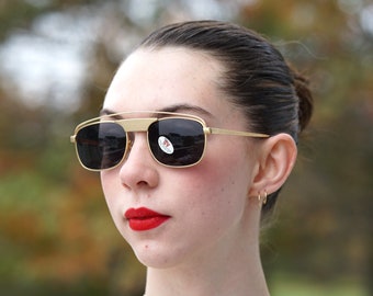 Vintage Sunglasses 1980s Gold Tone New Old Stock Aviator style Unique crossbar  Made In Korea