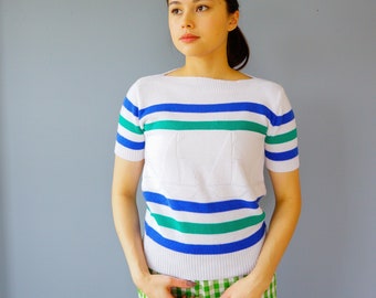 Camicetta vintage in maglia a forma di barca a vela taglia S di Booth Bay, camicia vintage in stile nautico, top anni '80, top lavorato a maglia, maglione vintage, top corto, top anni '80