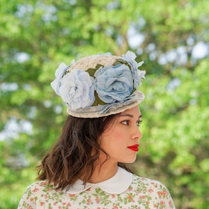 Vintage Floral Straw Bubble Hat, Pillbox Hat, 1950s-60s Hat, Vintage Hat, Women Hat, Tea Party Hat, Retro MCM Hat, Wedding Hat, Summer Hat