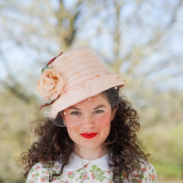 Vintage Floral Veiled Bucket Hat, 1950s-60s Hat, Vintage Hat, Women Hat, Wedding Hat, Tea Party Hat, Spring Summer Hat, Kentucky Derby Hat