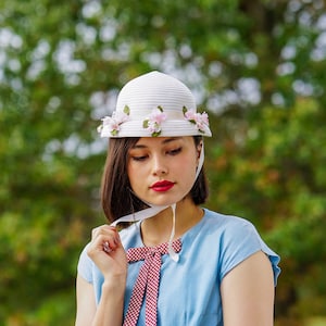 Vintage Straw Floral Easter Bonnet Hat, 1950s Hat, Sailor Skimmer Hat, Vintage Hat, Vintage Hat Women, Tea Party Hat, Cottagecore Hat