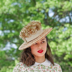 Vintage Straw Floral Boater Hat, Wide Brim Hat, 1950s-60s Hat, Vintage Hat, Women Hat, Sun Hat, Kentucky Derby Hat, Tea Party Hat, Ascot Hat