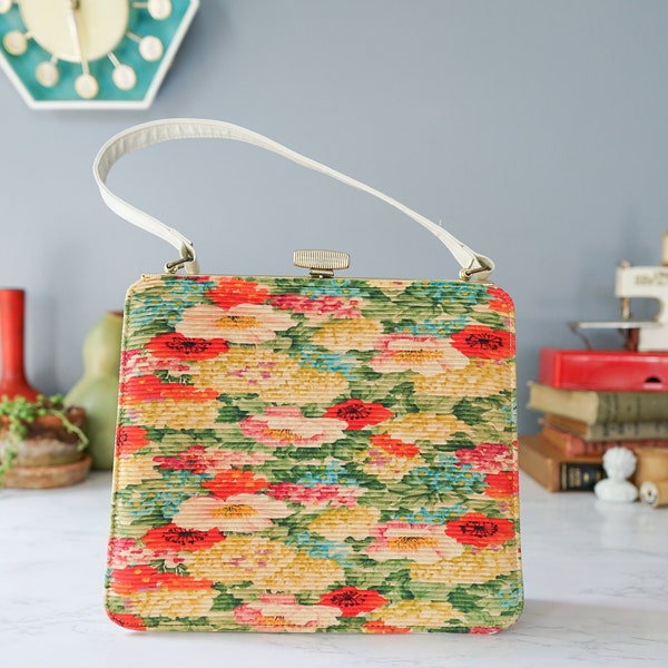 Vintage Floral Pleated Fabric Purse/ 1950s-60s Purse/ Vintage Purse/ Evening Bag/ Vintage Handbag/ Women Bag/ Summer Hawaii Tiki Party Purse