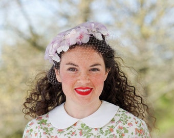 Vintage Floral Half Hat with Veil, Whimsy Hat, Birdcage Hat, Vintage Hat, 1950s-60s Hat, Tea Party Hat, Wedding Hat, Kentucky Derby Hat