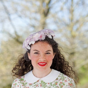 Vintage Floral Half Hat with Veil, Whimsy Hat, Birdcage Hat, Vintage Hat, 1950s-60s Hat, Tea Party Hat, Wedding Hat, Kentucky Derby Hat image 1