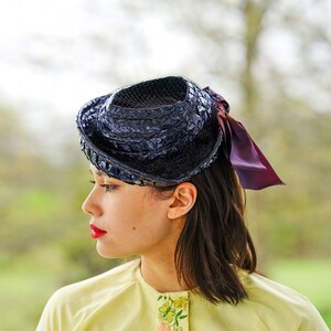 Vintage Straw Breton with Bow, Vintage Hat, 1950s-60s Hat, Vintage Hat, Vintage Women Hat, Vintage Millinery, Tea Party Hat, Retro Hat