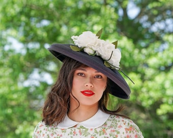 Vintage Floral Cartwheel Hat, Vintage Tilt Hat, 1940s-50s Hat, Wide Brim Hat, Vintage Hat, Tea Party Hat, Sun Hat, Kentucky Derby Hat