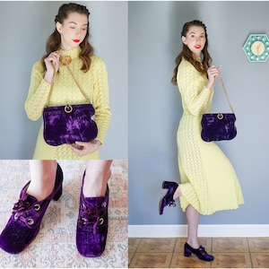 Conjunto de bolso y zapatos de terciopelo vintage de Connie, zapatos y bolso de mano de los años 70, bolso vintage de mujer, ropa retro, atuendo boho hippie, moda disco